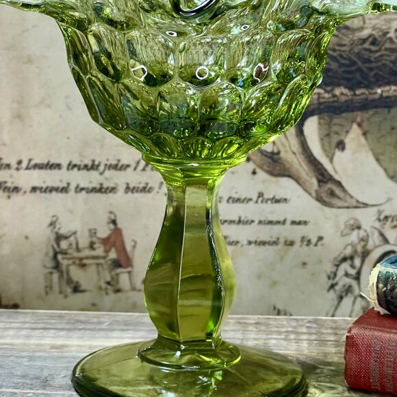 Fenton Thumbprint Colonial Green Double Crimp Designed Round Compote - Picture 4 of 7